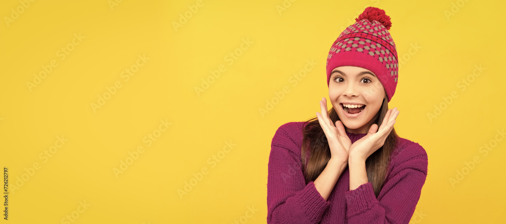 children winter fashion and beauty. teen girl in knitwear. express positive emotion. Child face, horizontal poster, teenager girl isolated portrait, banner with copy space. children winter fashion and beauty. teen girl in knitwear. express positive emotion. Child face, horizontal poster, teenager girl isolated portrait, banner with copy space.