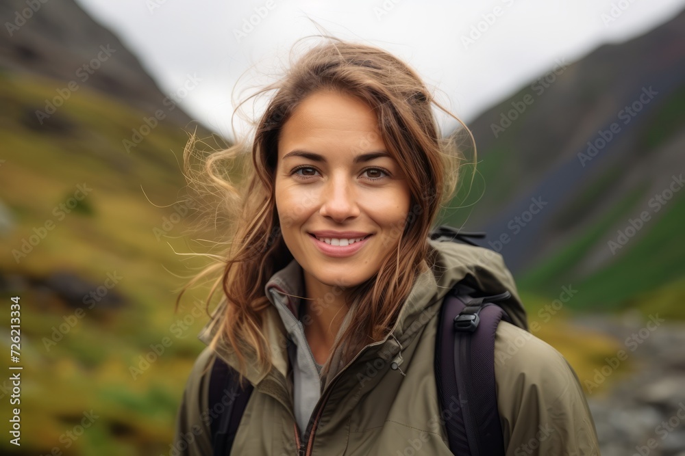 Close up portrait of a beautiful young woman with backpack in the mountains
