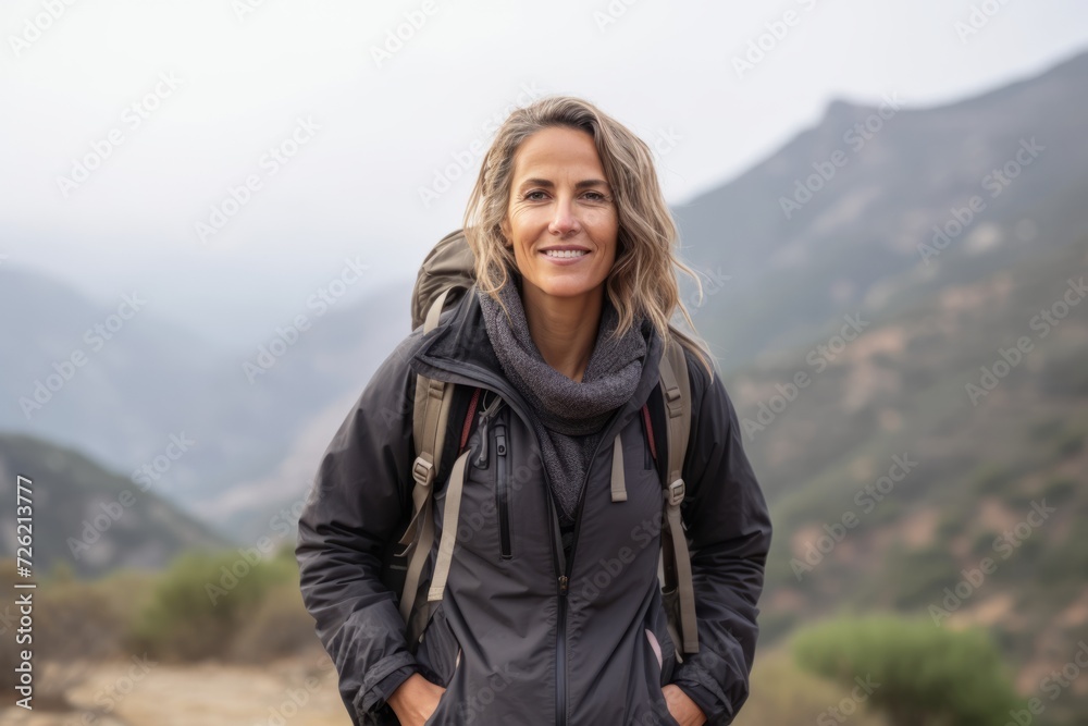 Mature woman hiker standing on a trail in the mountains looking at camera