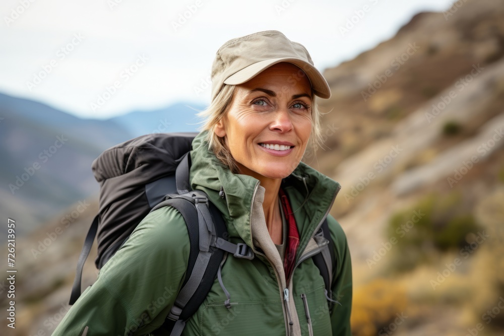 Portrait of a woman hiker with backpack in the mountains.