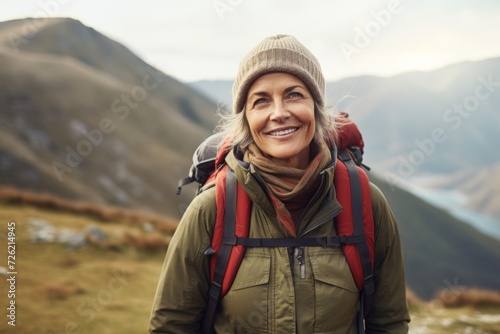 Portrait of happy senior woman with backpack standing in the mountains and looking at camera