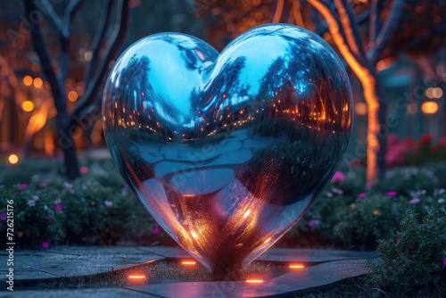 Neon chrome 3d heart shape on a grove background