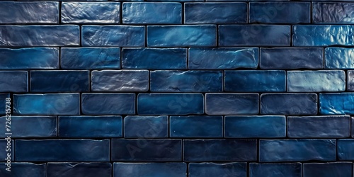 Dark blue brick subway tiles ceramic wall texture wide tile background banner panorama, Generative AI 