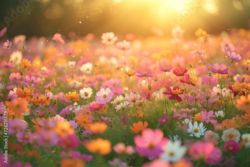 Stunning landscape of blooming flowers in summer meadow under bright sunlight showcasing beauty of nature with colorful petals and green grass perfect for calm fresh and romantic outdoor scenery