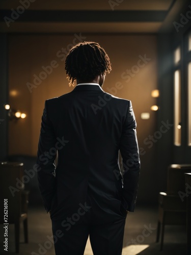 black man rear view with a suit. Generative AI