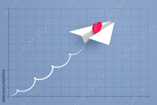 Paper airplane with heart symbol is flying over grid of graph