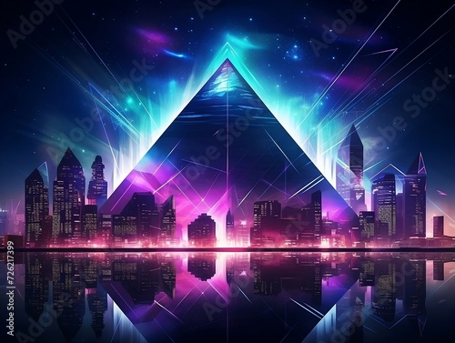 City at night with large neon buildings and pyramid