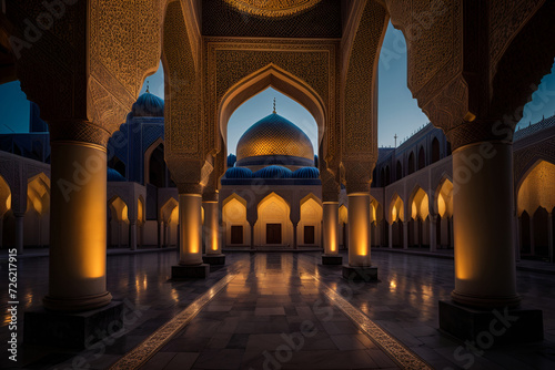 a large mosque that is lit up at night photo