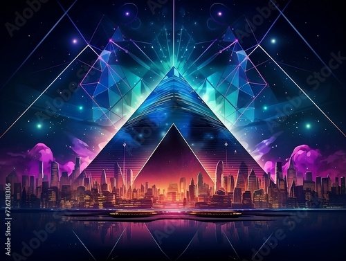 City at night with large neon buildings and pyramid