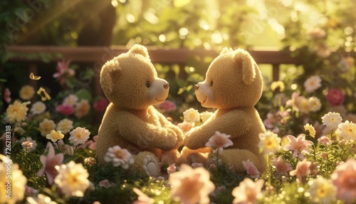 A realistic snapshot of teddy bears sharing a heartfelt moment in a sunlit garden, surrounded by blooming flowers