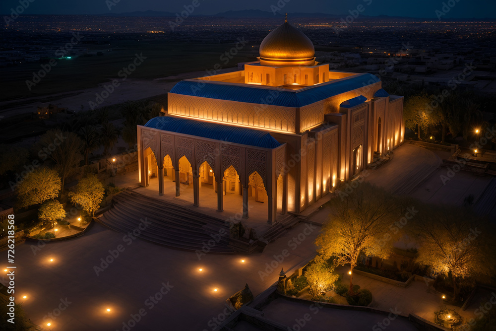 a large mosque that is lit up at night