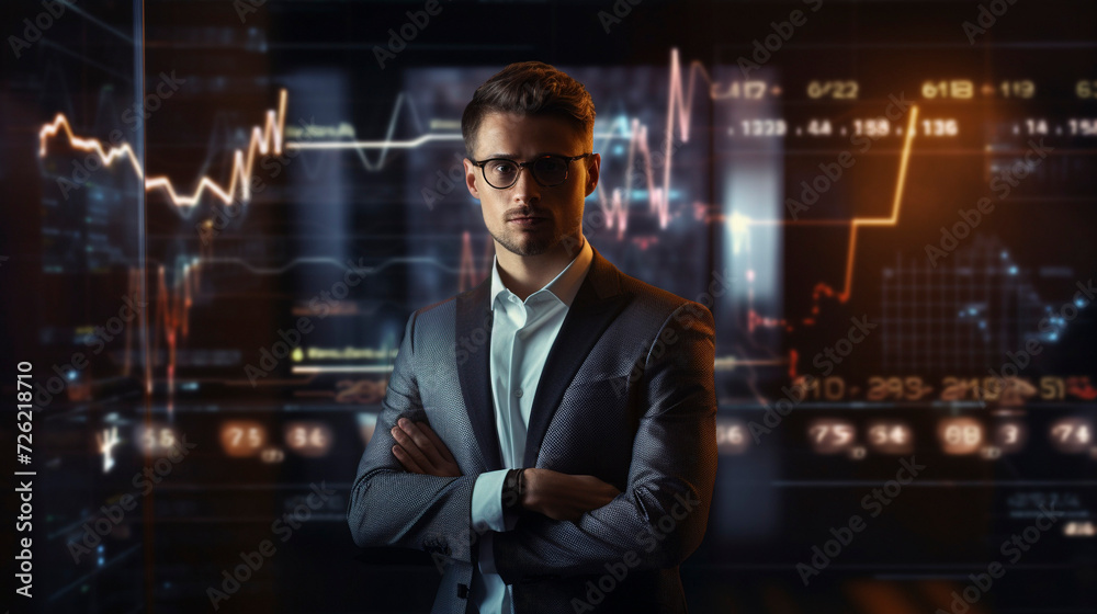 Fototapeta premium Market Maverick: Stylish Trader Leading Digital Financial Insights, Generative AI