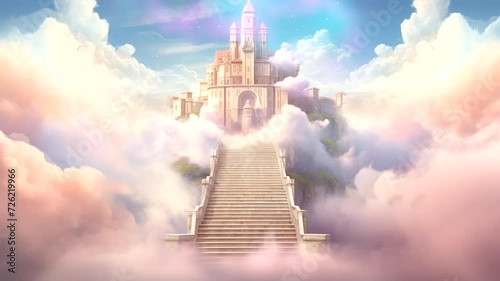 Scene of the stairs to heaven with a cloudy background, animated virtual repeating seamless 4k photo