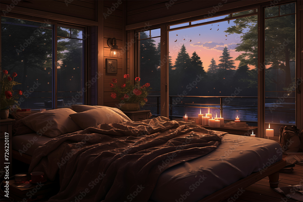 Cozy retreat: A bed surrounded by candlelit windows, blending forest punk, study place aesthetics, and romantic scenes in warm brown hues. Cozy retreat: A bed surrounded by candlelit windows, blending forest punk, study place aesthetics, and romantic scenes in warm brown hues.
