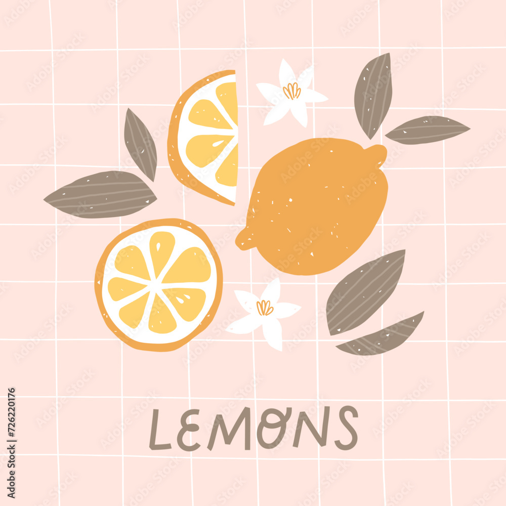 Fresh lemons print. Poster with citrus fruits. Flower, leaves and fruit.