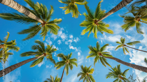A breathtaking view looking upward at towering palm trees set against a pristine blue sky
