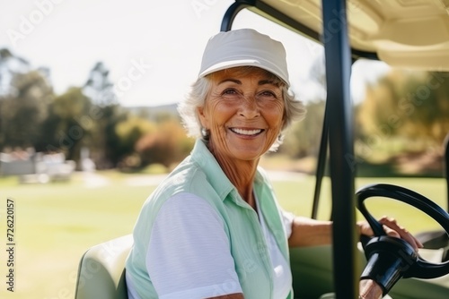 Portrait of happy senior woman driving golf cart on golf course in summer