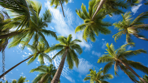 A breathtaking view looking upward at towering palm trees set against a pristine blue sky
