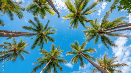 A breathtaking view looking upward at towering palm trees set against a pristine blue sky