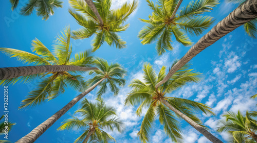 A breathtaking view looking upward at towering palm trees set against a pristine blue sky