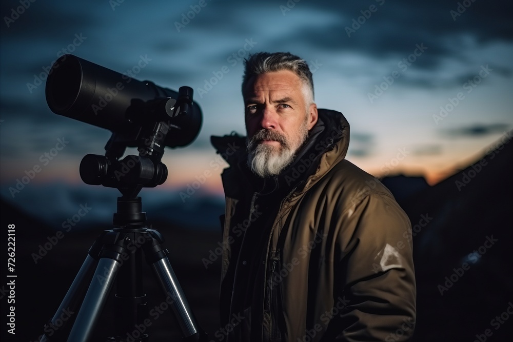 Portrait of a senior man with a telescope in the mountains.