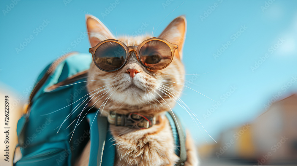 A humorous tourist cat wearing a backpack on its back, copy space, generative ai