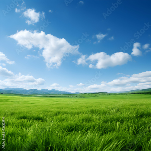 field of grass and perfect blue sky with white clouds. nature background © Sai