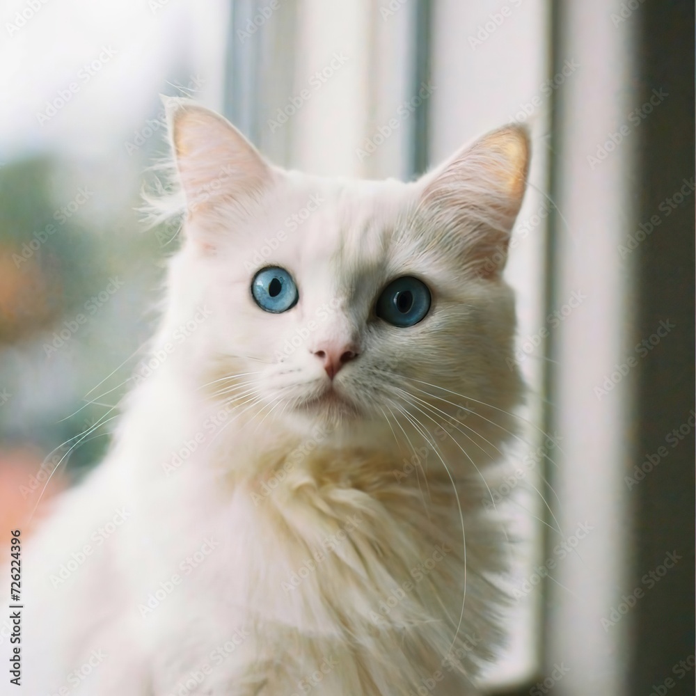 Portrait of a cat with blue eyes and white, feline domestic animal concept