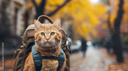 A humorous tourist cat wearing a backpack on its back, copy space, generative ai photo