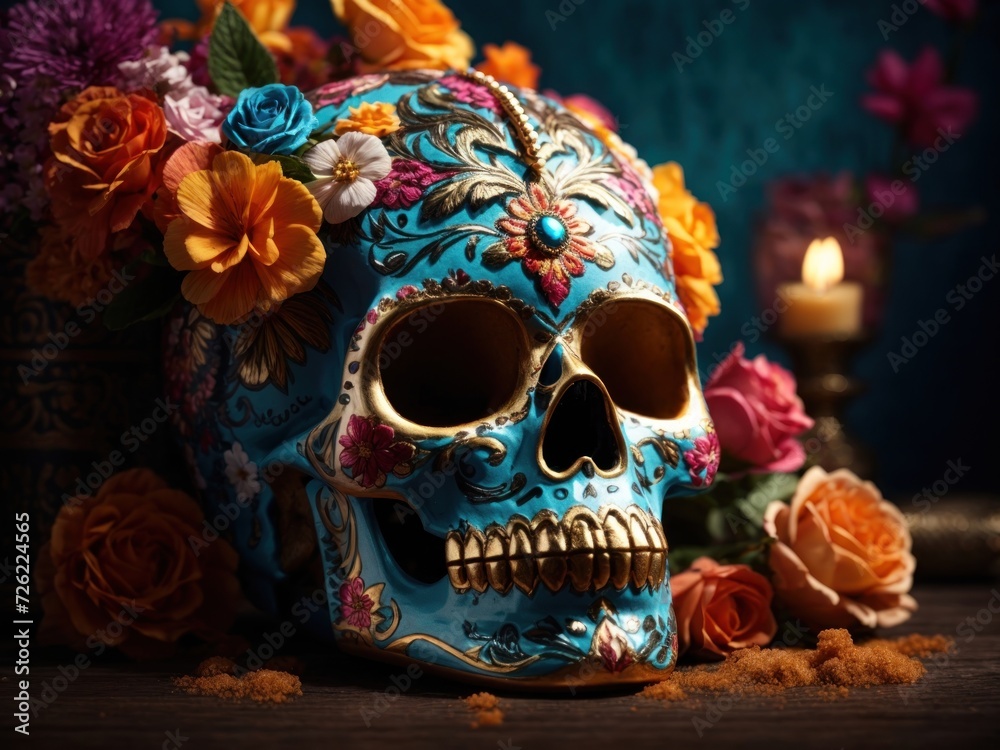 dia de muertos skull decorated with flowers in the background. Generative AI