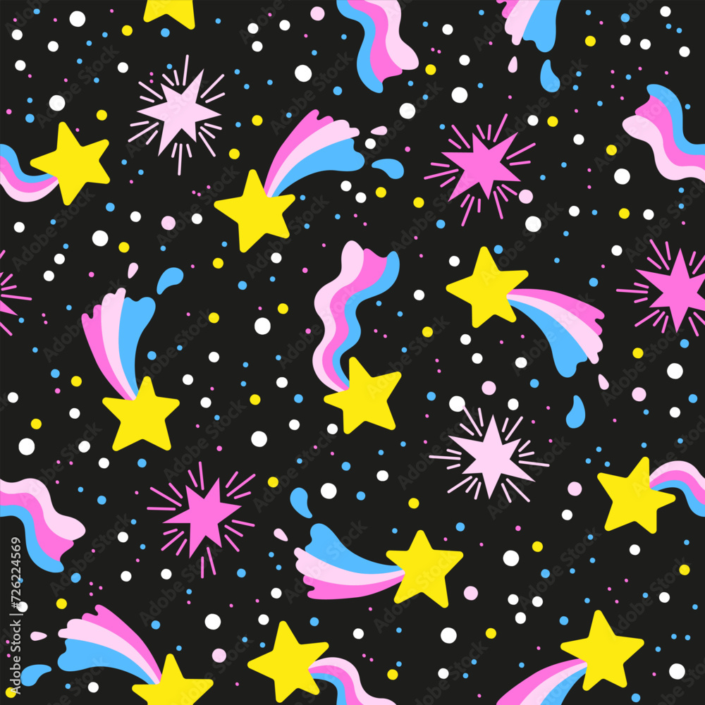 Hand drawn vector seamless pattern of neon stars and meteorites on black night sky. Stylized other space in neon pink and purple colors on a black background