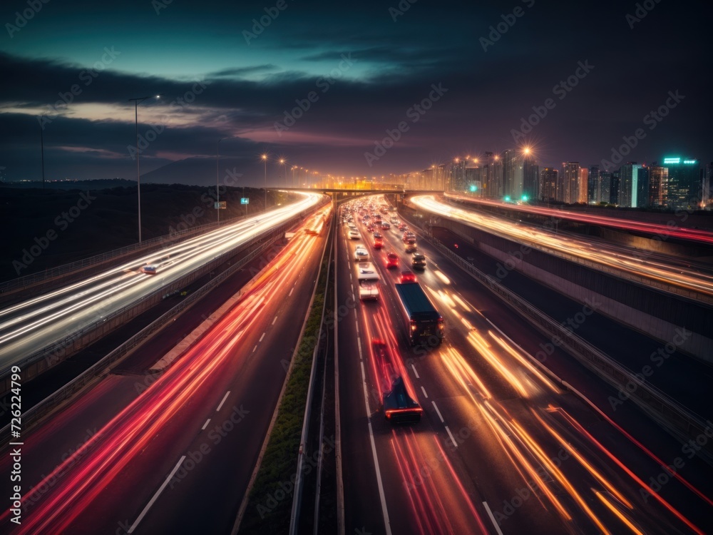 traffic on highway at night speed light. Generative AI traffic on highway at night speed light. Generative AI