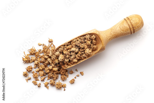Top view of Dry Organic gokhuru (Tribulus terrestris) fruits, in a wooden scoop. Isolated on a white background.