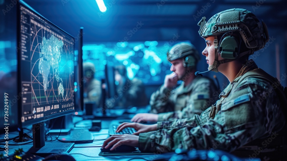 soldiers in the command center monitoring data on a computer screen that displays a map indicating global operations. soldiers in the command center monitoring data on a computer screen that displays a map indicating global operations.