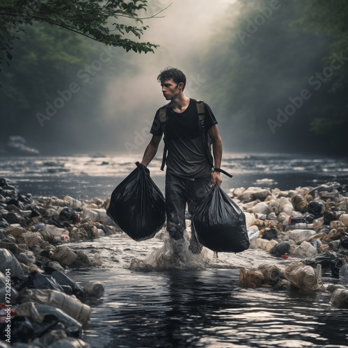 man cleans the river of plastic garbage