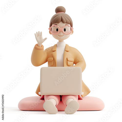 A girl sits with a laptop on her lap and waves her hand. 3D style. Isolated on a white background.
