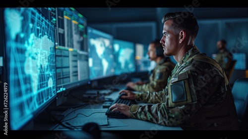 soldiers monitoring data on several computer screens in the control room. surveillance and remote operations.