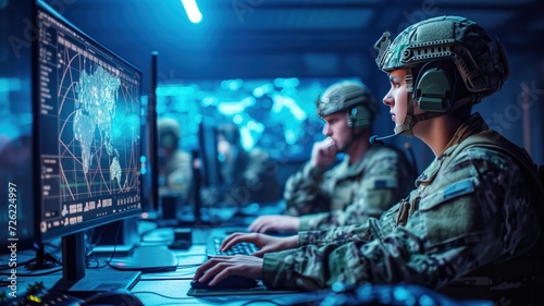 soldiers in the command center monitoring data on a computer screen that displays a map indicating global operations.
