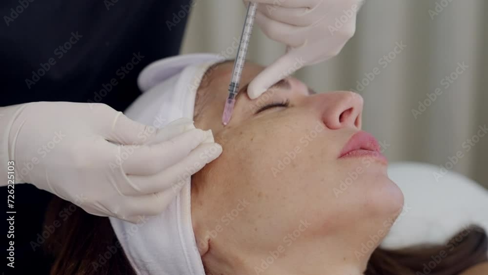 beautiful woman. dermal filler young woman getting beauty injection in cosmetic clinic. Close up cosmetologist botox injection in chins patient. Rejuvenation, injectable cosmetology, medicine concept beautiful woman. dermal filler young woman getting beauty injection in cosmetic clinic. Close up cosmetologist botox injection in chins patient. Rejuvenation, injectable cosmetology, medicine concept
