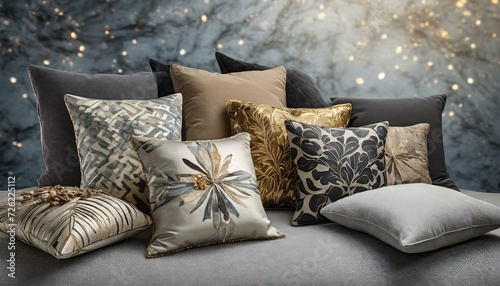a curated collection of square pillows adorned with stylish decorations. Set them against an abstract background to highlight their presence as bedroom or sofa cushions.