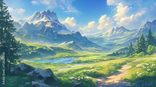 Anime Background: Scenic Valley Encircled by Majestic Mountains on a Summer Day, Beneath a Blue Sky Adorned with High, Billowy White Clouds, Creating a Tranquil and Picturesque Landscape © NadinMich