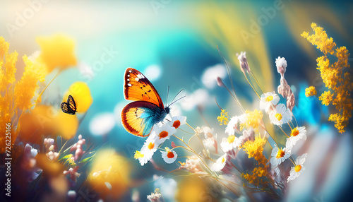 Art Beautiful blurred spring background nature with blooming glade, butterfly and blue sky on a sunny day. Generative AI.
