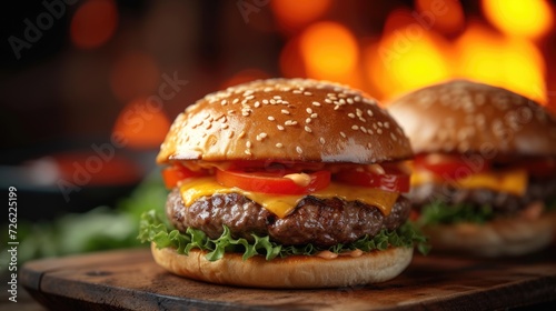 Juicy cheeseburger, American fast food on a wooden plate with bokeh light of grill background.
