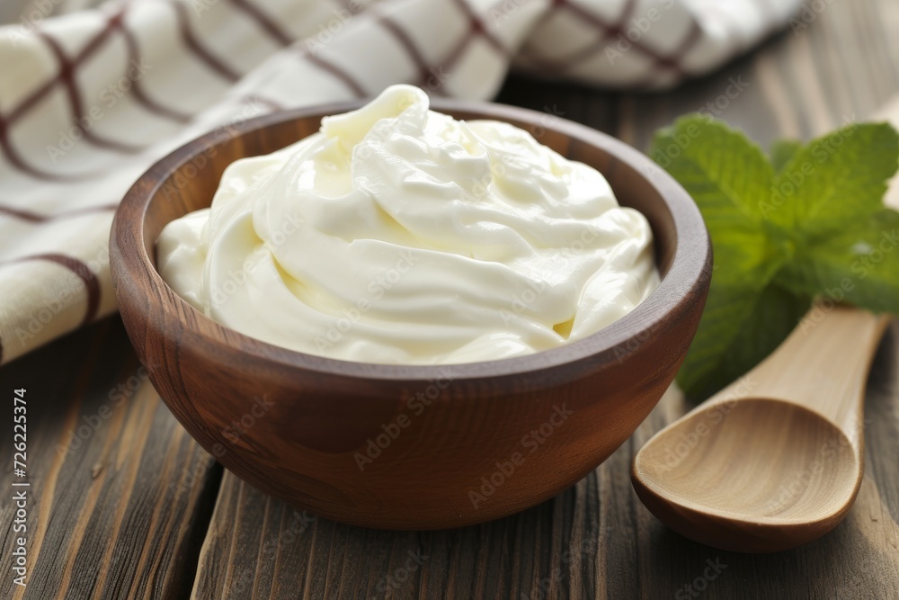 Whipped sour cream or yogurt in a wooden bowl on wooden table Whipped sour cream or yogurt in a wooden bowl on wooden table