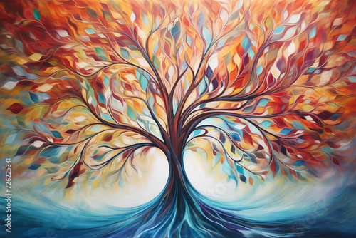 Discover nature's symphony in a vibrant tree painting, featuring delicate colors, harmonious curves, and leafy patterns in dark crimson and light aquamarine hues.
