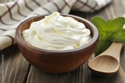 Whipped sour cream or yogurt in a wooden bowl on wooden table