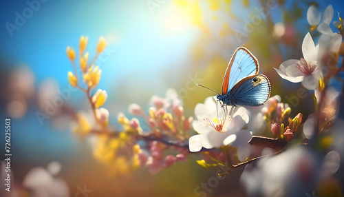 Art Beautiful blurred spring background nature with blooming glade, butterfly and blue sky on a sunny day. Generative AI.