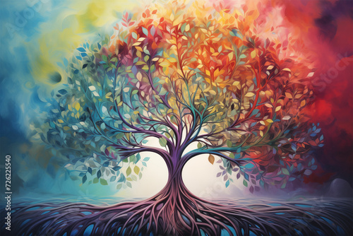 Discover nature's symphony in a vibrant tree painting, featuring delicate colors, harmonious curves, and leafy patterns in dark crimson and light aquamarine hues.
