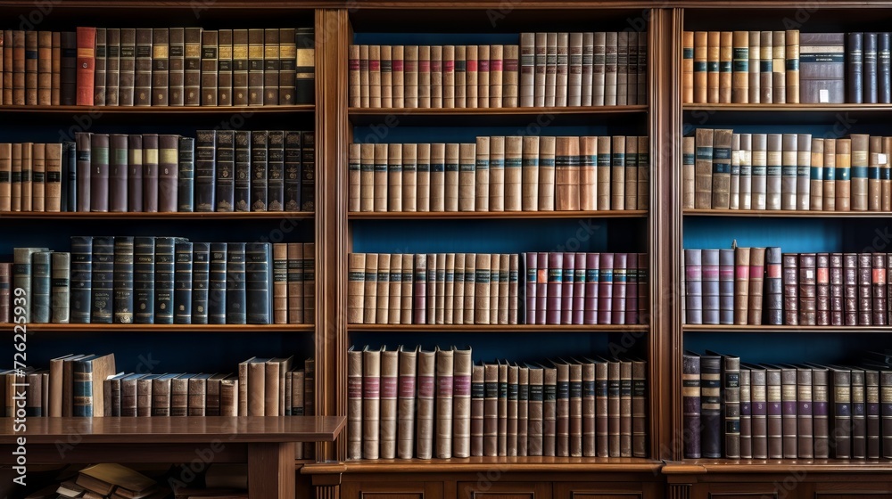 Law library with shelves of books and legal documents in a professional office - obrazy, fototapety, plakaty 