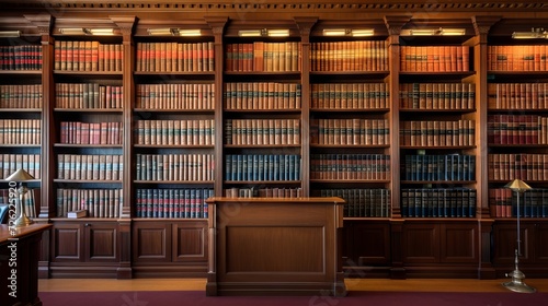 Law library with shelves of books and legal documents in a professional office photo